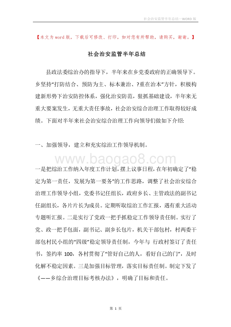 社会治安监管半年总结.docx_第1页