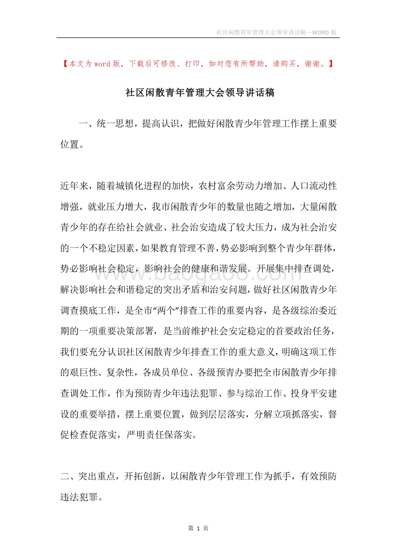 社区闲散青年管理大会领导讲话稿.docx_第1页