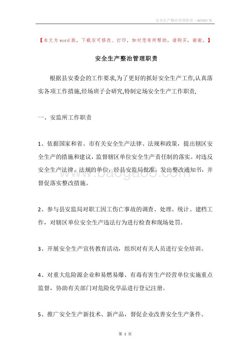 安全生产整治管理职责.docx_第1页