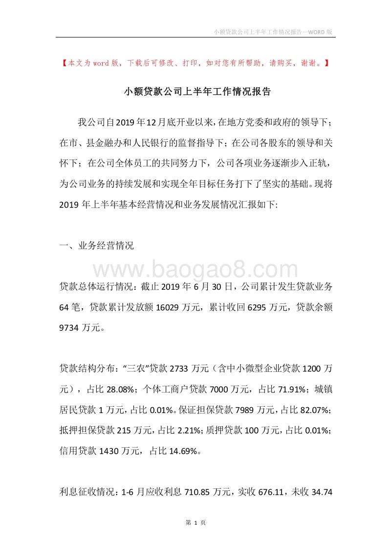 小额贷款公司上半年工作情况报告.docx_第1页