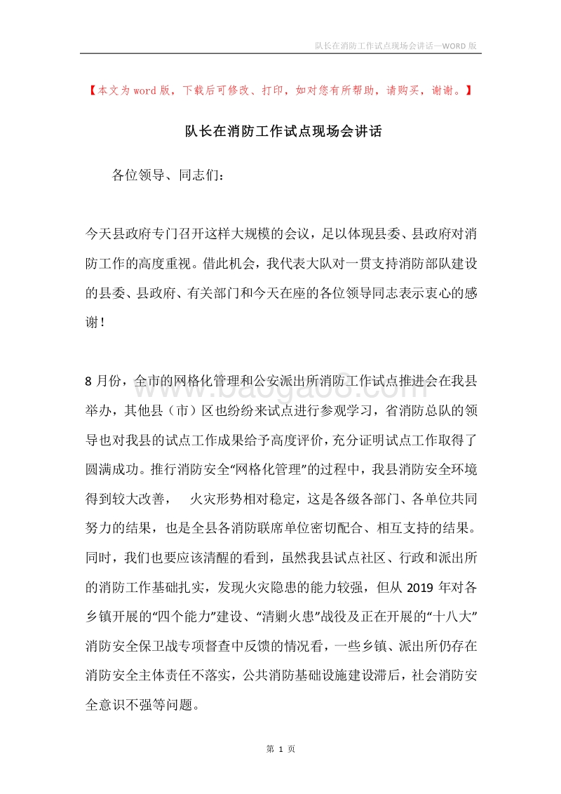 队长在消防工作试点现场会讲话.docx_第1页