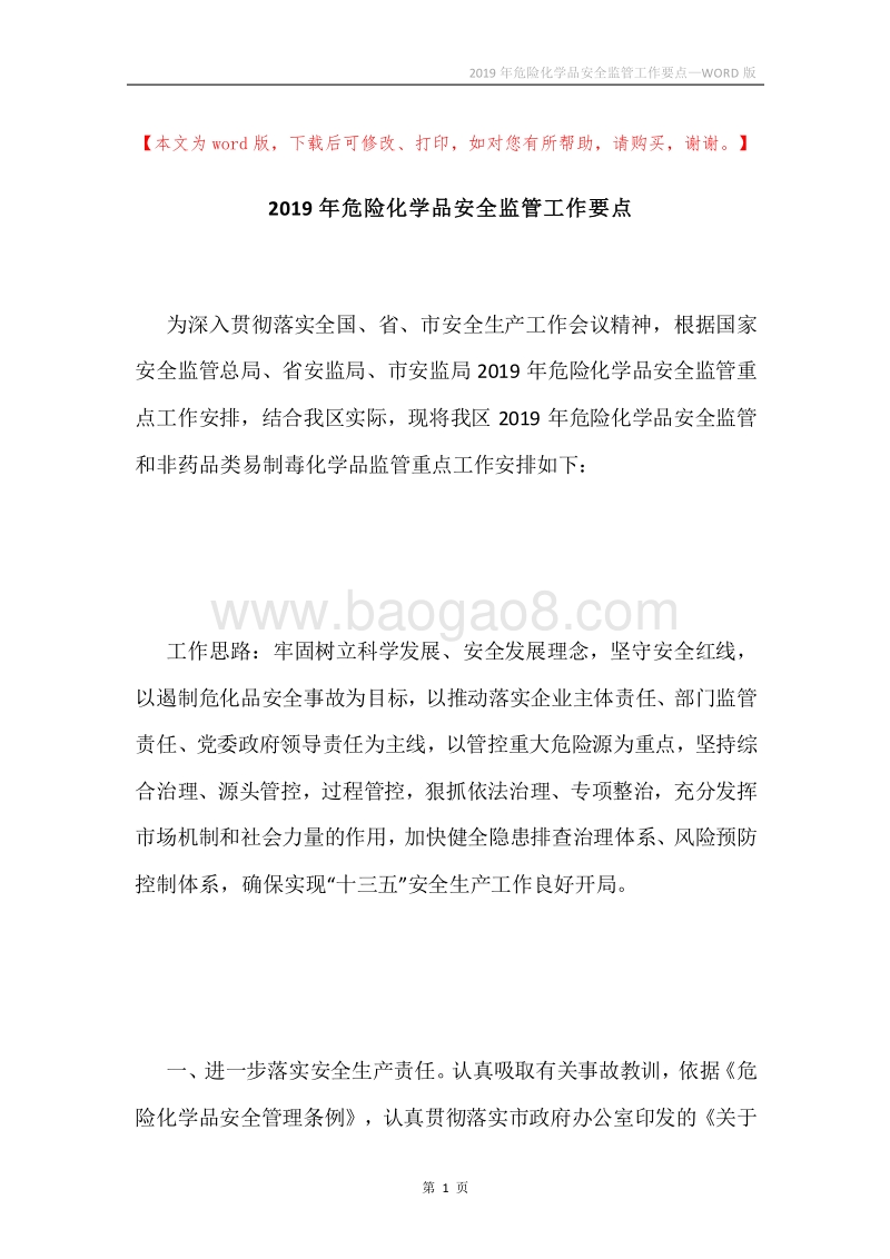 2019年危险化学品安全监管工作要点.docx_第1页