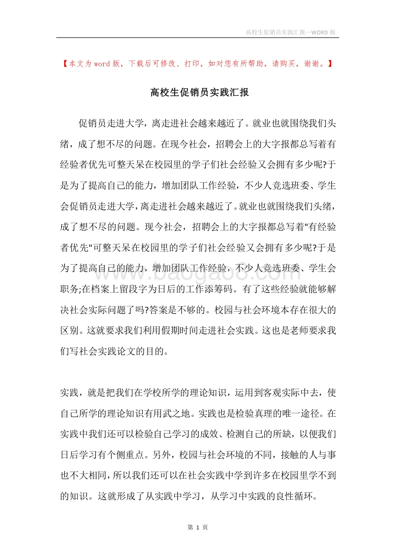 高校生促销员实践汇报.docx_第1页