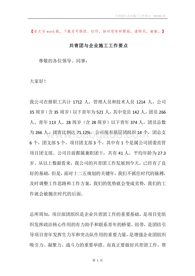 共青团与企业施工工作要点.docx_第1页