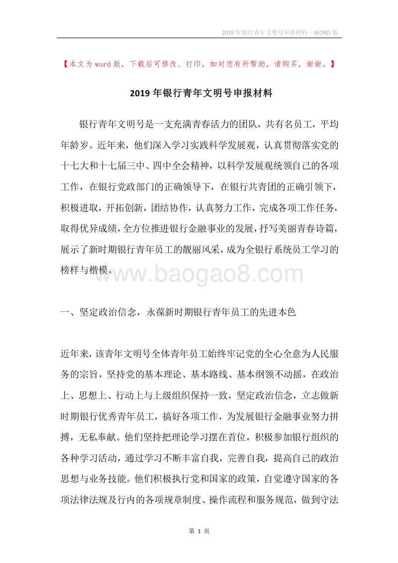 2019年银行青年文明号申报材料.docx_第1页