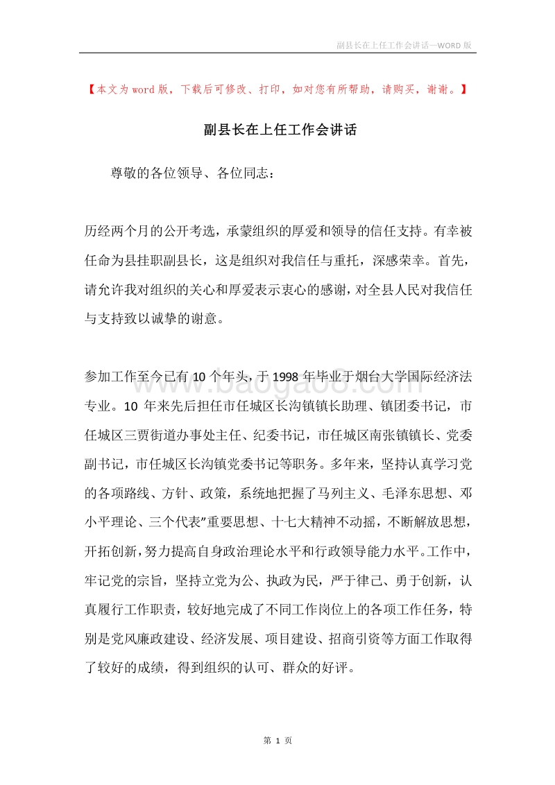 副县长在上任工作会讲话.docx_第1页