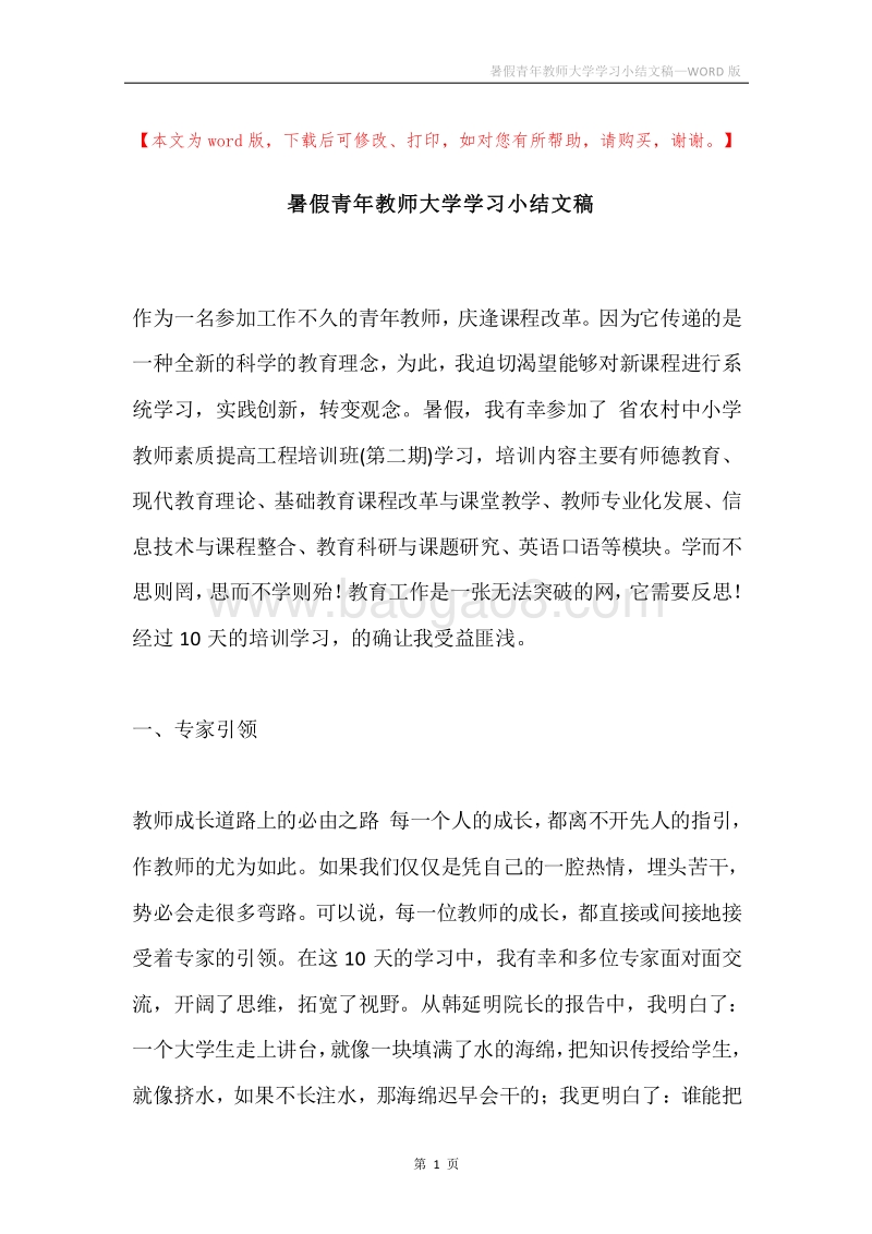 暑假青年教师大学学习小结文稿.docx_第1页