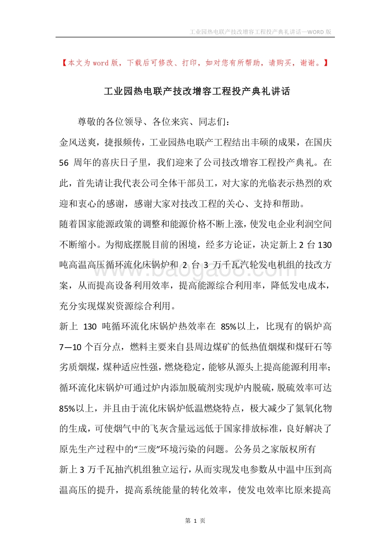 工业园热电联产技改增容工程投产典礼讲话.docx_第1页