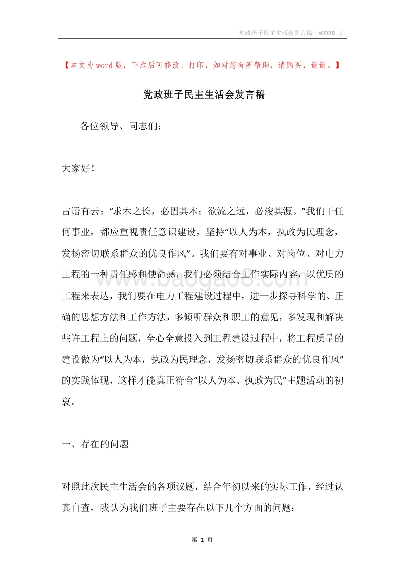 党政班子民主生活会发言稿.docx_第1页
