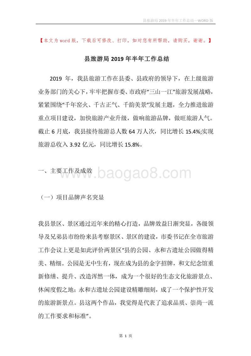 县旅游局2019年半年工作总结.docx_第1页