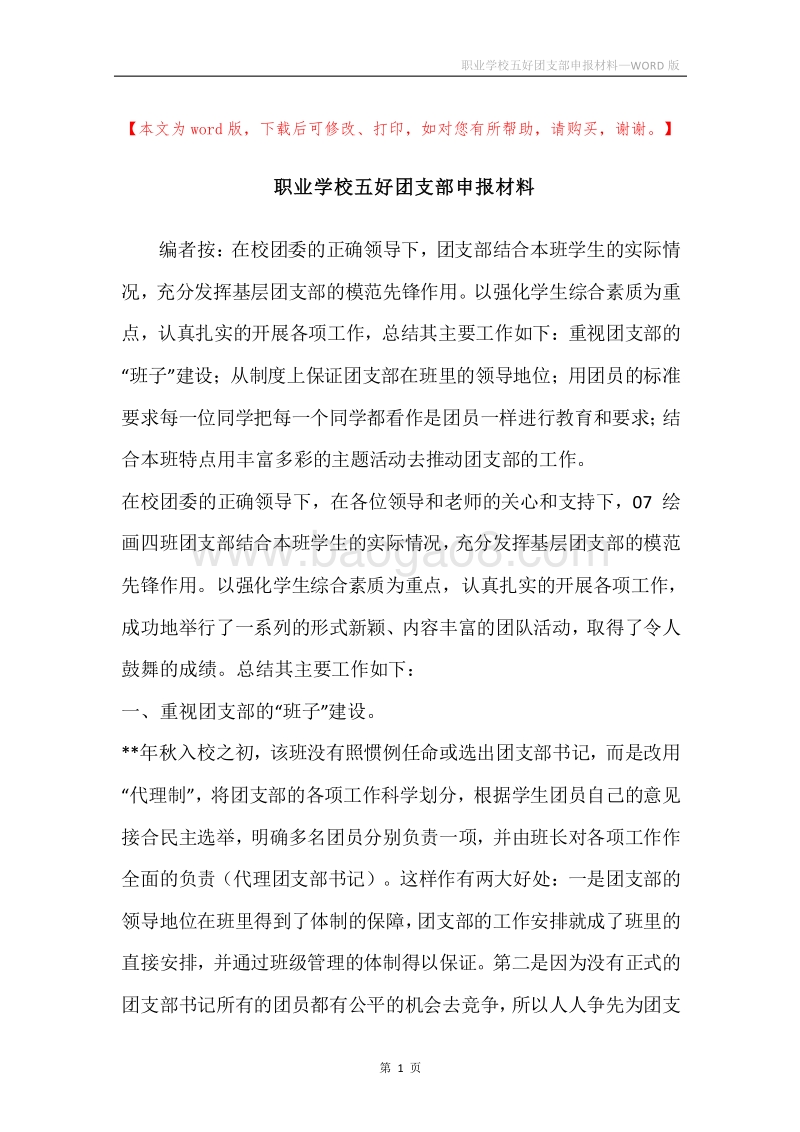 职业学校五好团支部申报材料.docx_第1页