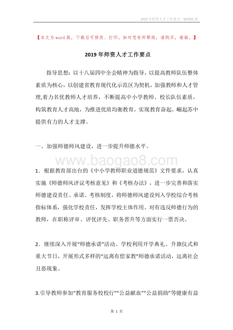 2019年师资人才工作要点.docx_第1页