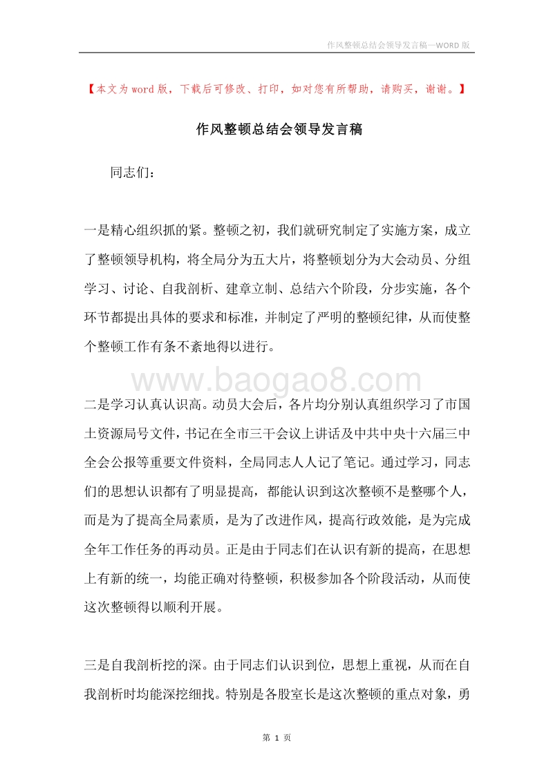作风整顿总结会领导发言稿.docx_第1页