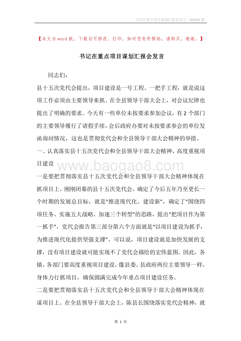 书记在重点项目谋划汇报会发言.docx_第1页