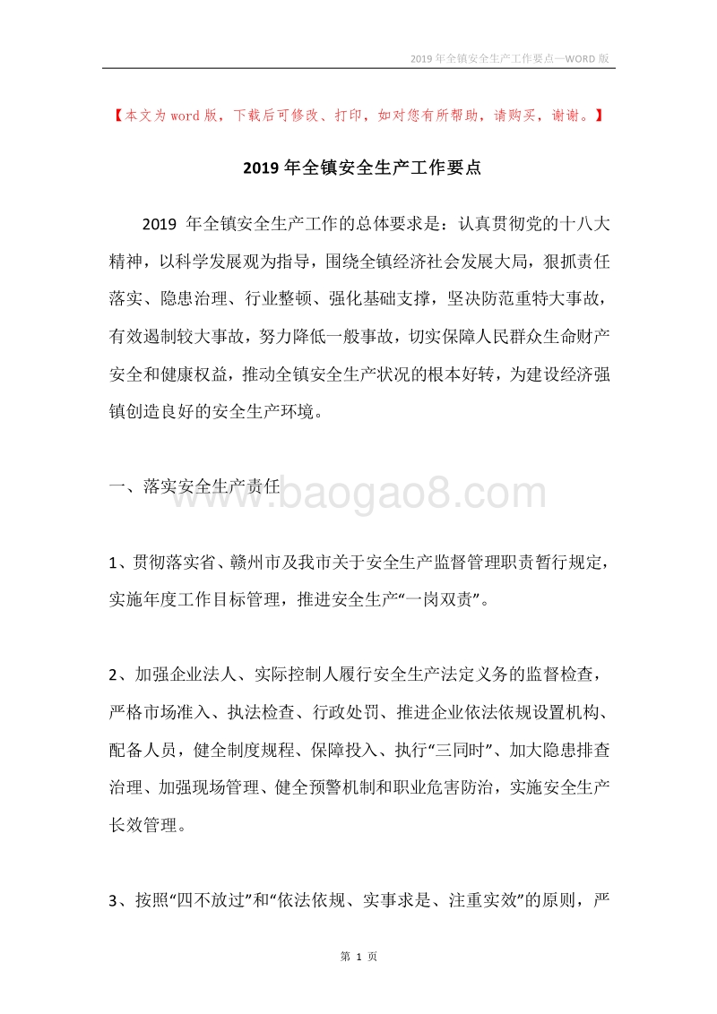 2019年全镇安全生产工作要点.docx_第1页