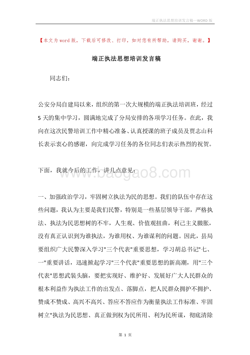 端正执法思想培训发言稿.docx_第1页