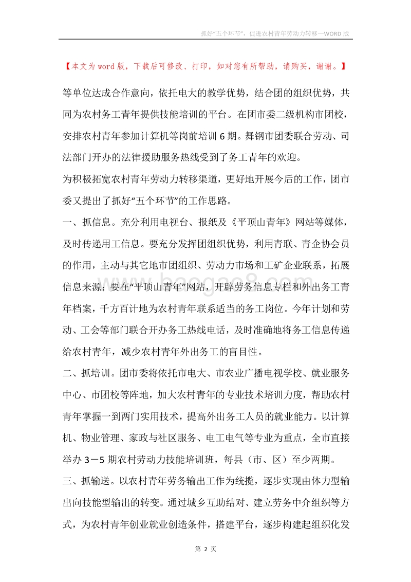 抓好“五个环节”，促进农村青年劳动力转移.docx_第2页