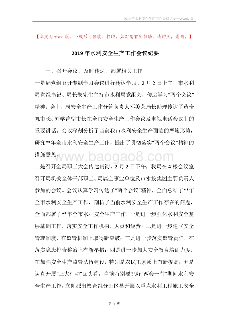 2019年水利安全生产工作会议纪要.docx_第1页