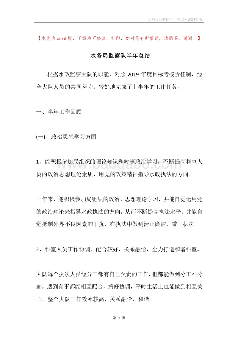 水务局监察队半年总结.docx_第1页