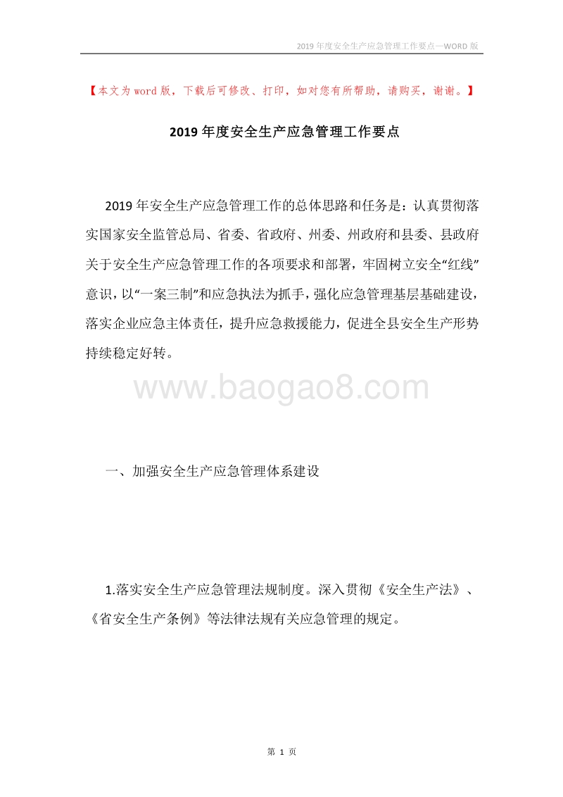 2019年度安全生产应急管理工作要点.docx_第1页