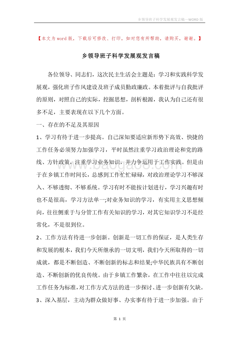 乡领导班子科学发展观发言稿.docx_第1页