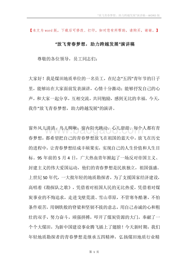 “放飞青春梦想，助力跨越发展”演讲稿.docx_第1页