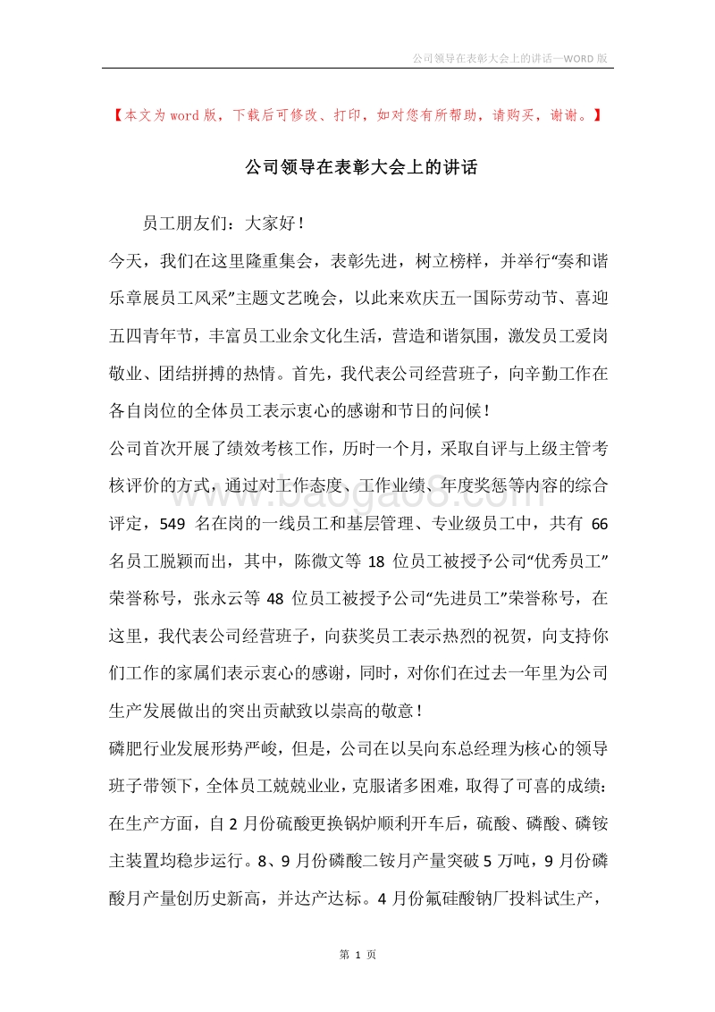 公司领导在表彰大会上的讲话.docx_第1页