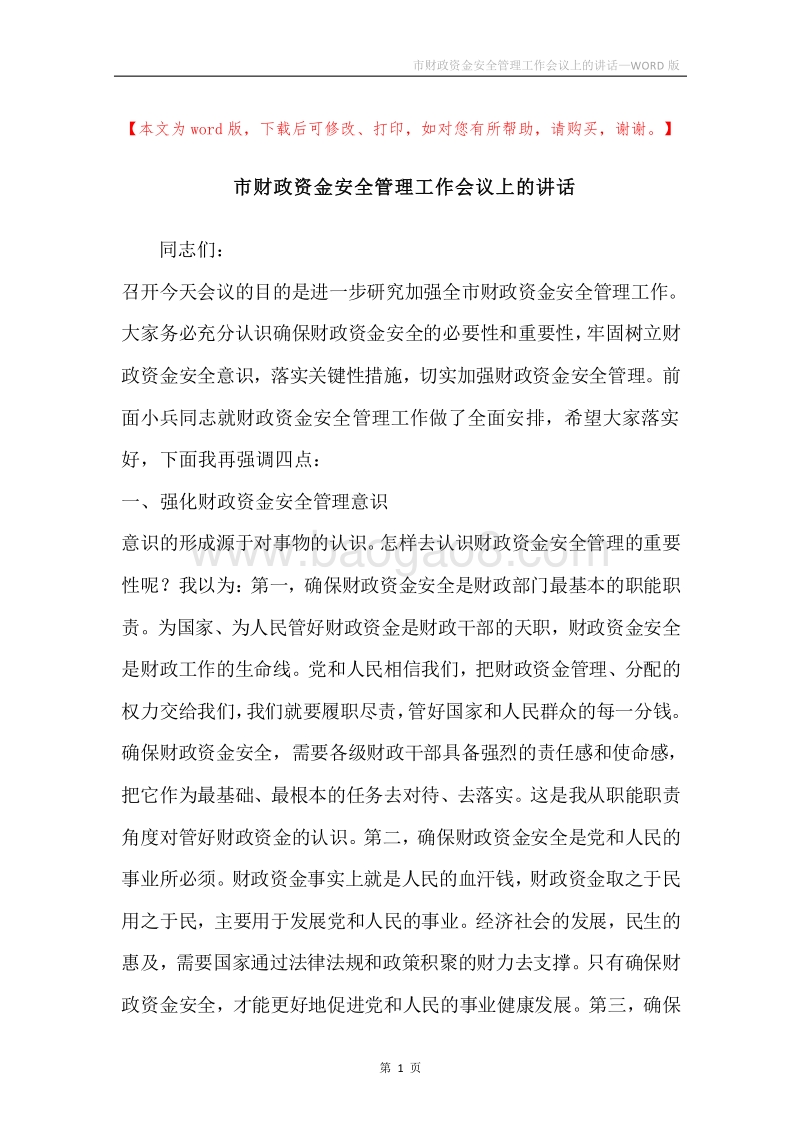 市财政资金安全管理工作会议上的讲话.docx_第1页