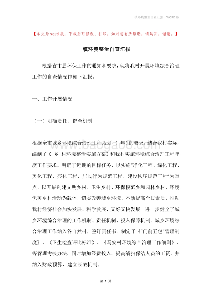 镇环境整治自查汇报.docx_第1页