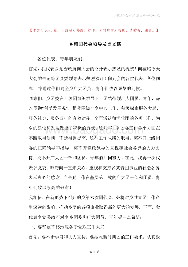 乡镇团代会领导发言文稿.docx_第1页