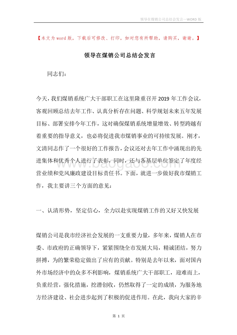 领导在煤销公司总结会发言.docx_第1页