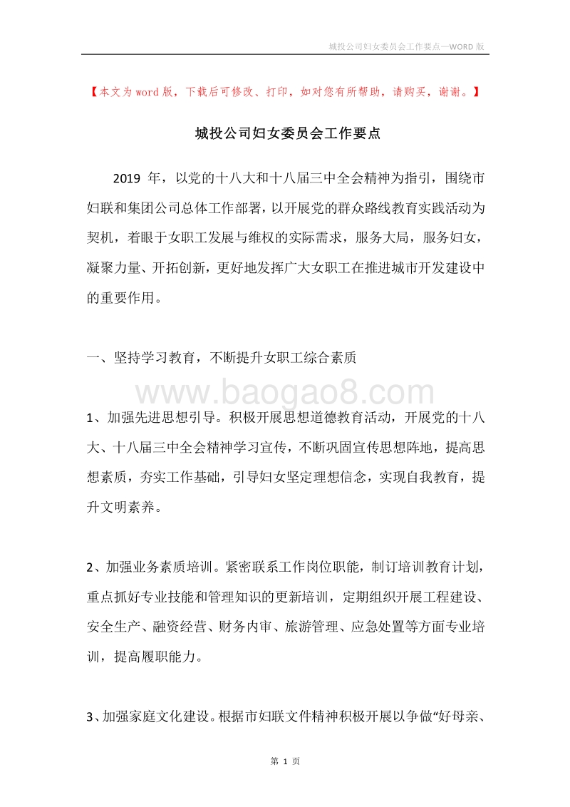 城投公司妇女委员会工作要点.docx_第1页