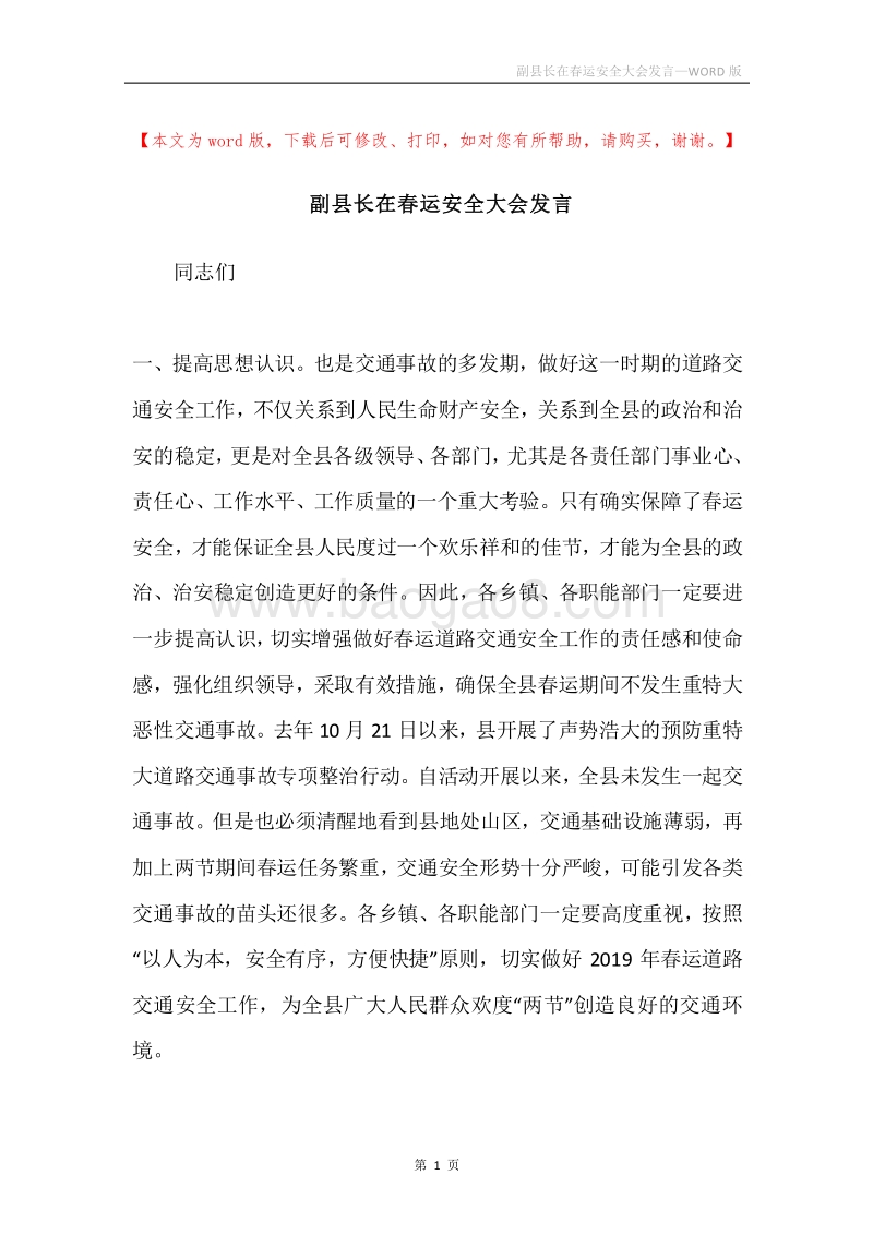 副县长在春运安全大会发言.docx_第1页