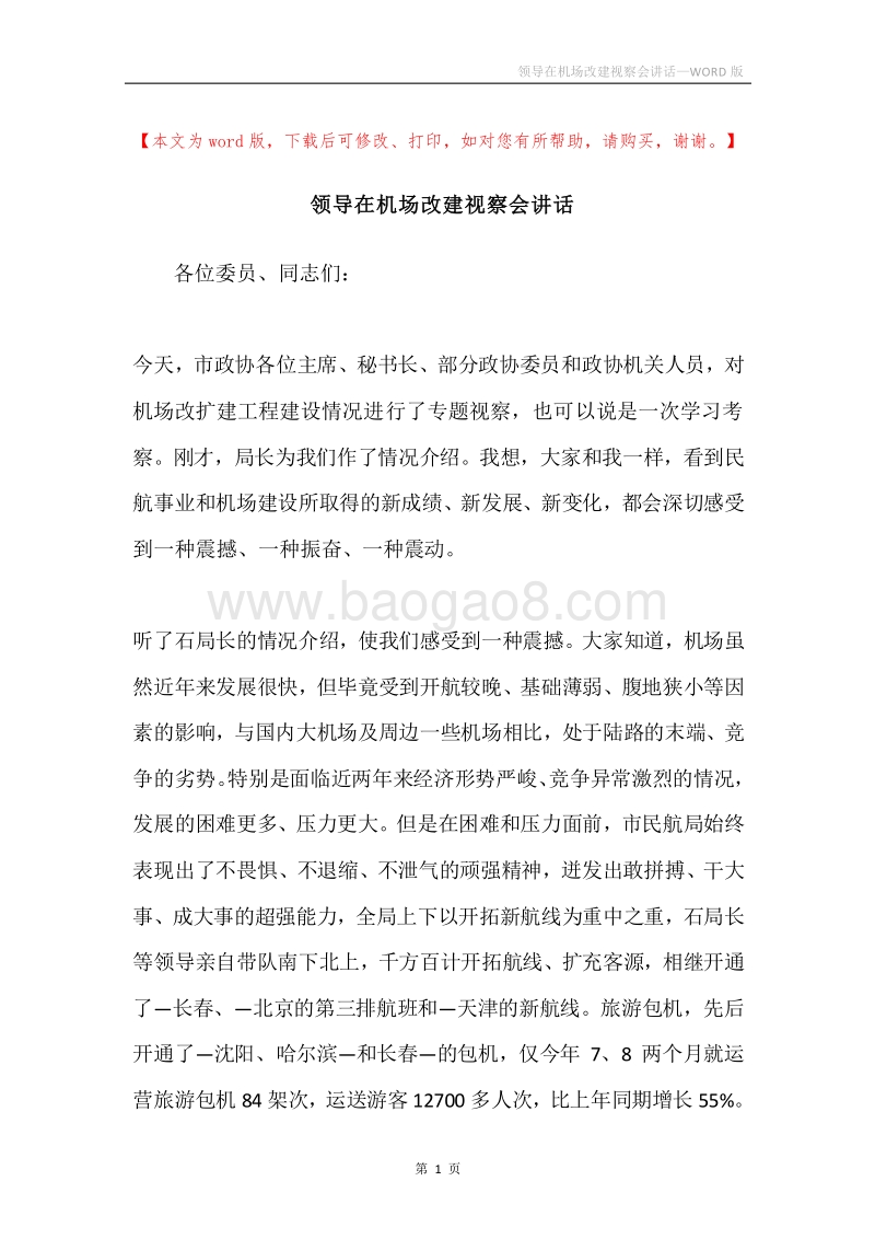 领导在机场改建视察会讲话.docx_第1页