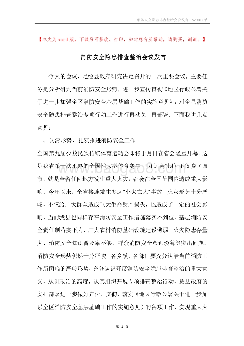 消防安全隐患排查整治会议发言.docx_第1页