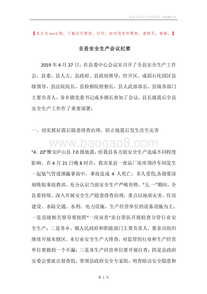 全县安全生产会议纪要.docx_第1页