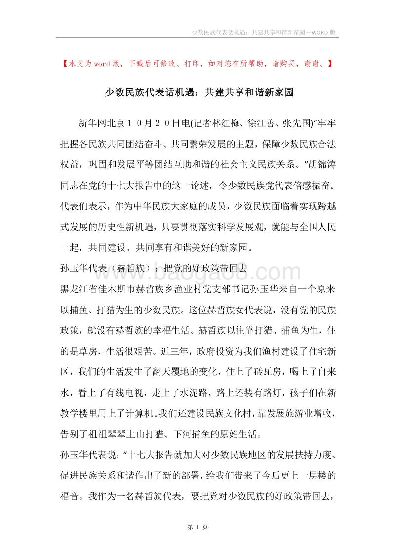 少数民族代表话机遇：共建共享和谐新家园.docx_第1页