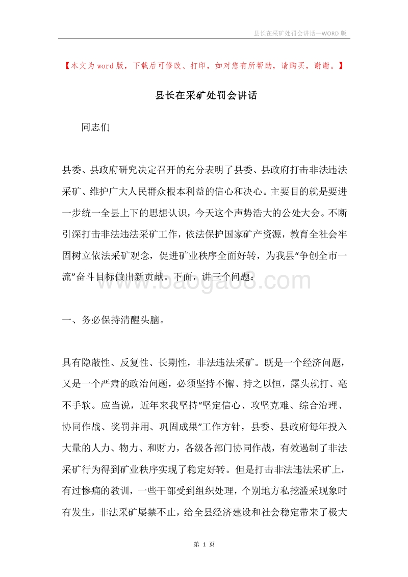 县长在采矿处罚会讲话.docx_第1页