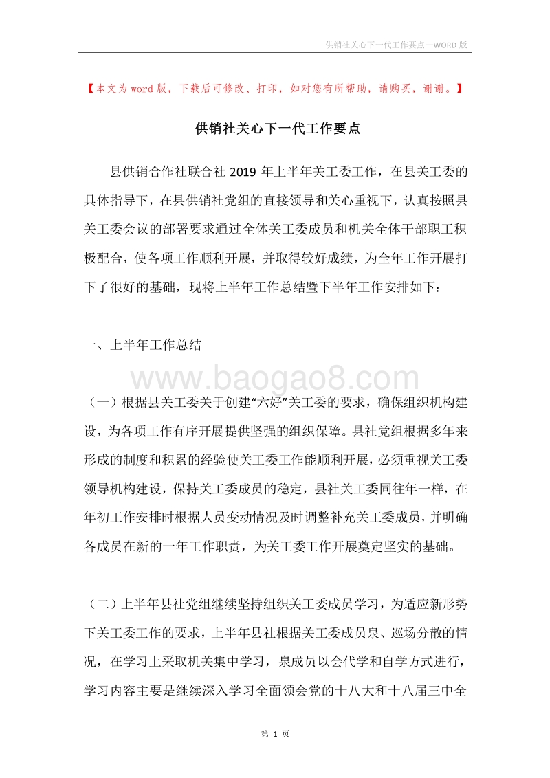 供销社关心下一代工作要点.docx_第1页