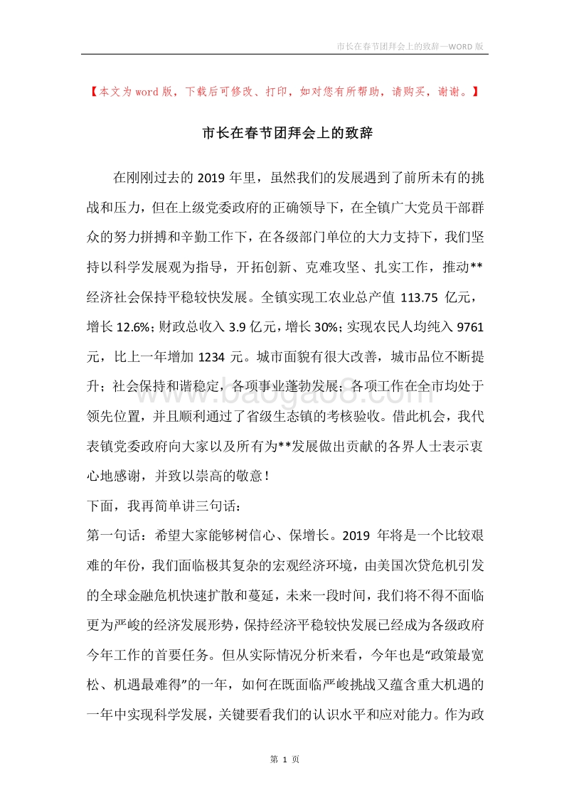 市长在春节团拜会上的致辞.docx_第1页