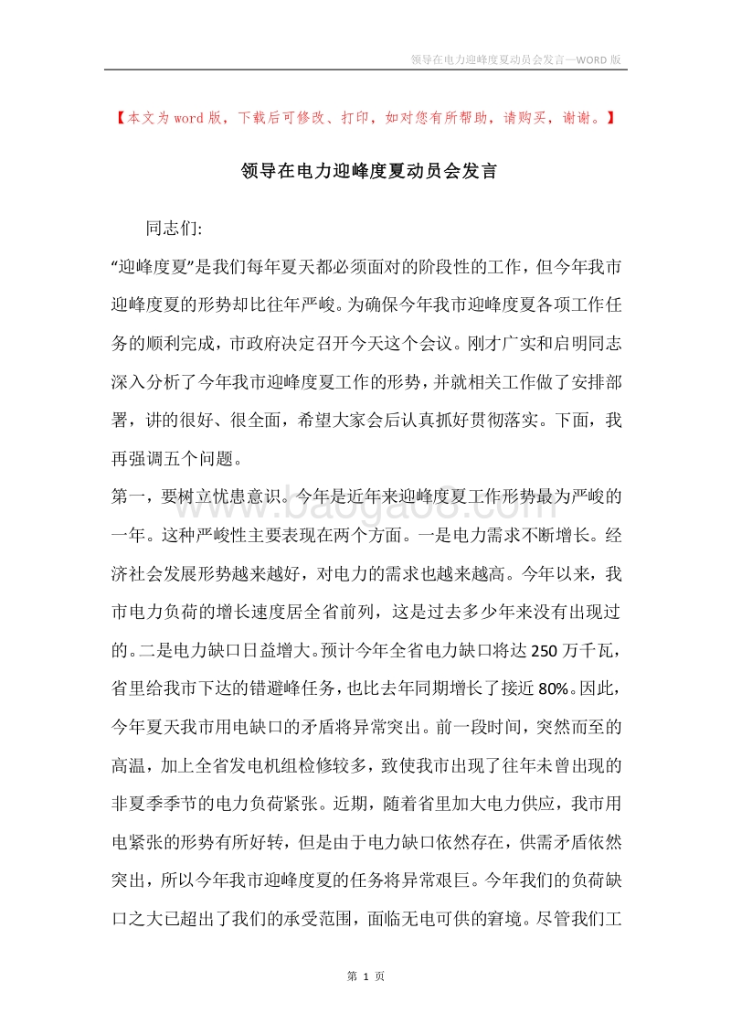 领导在电力迎峰度夏动员会发言.docx_第1页