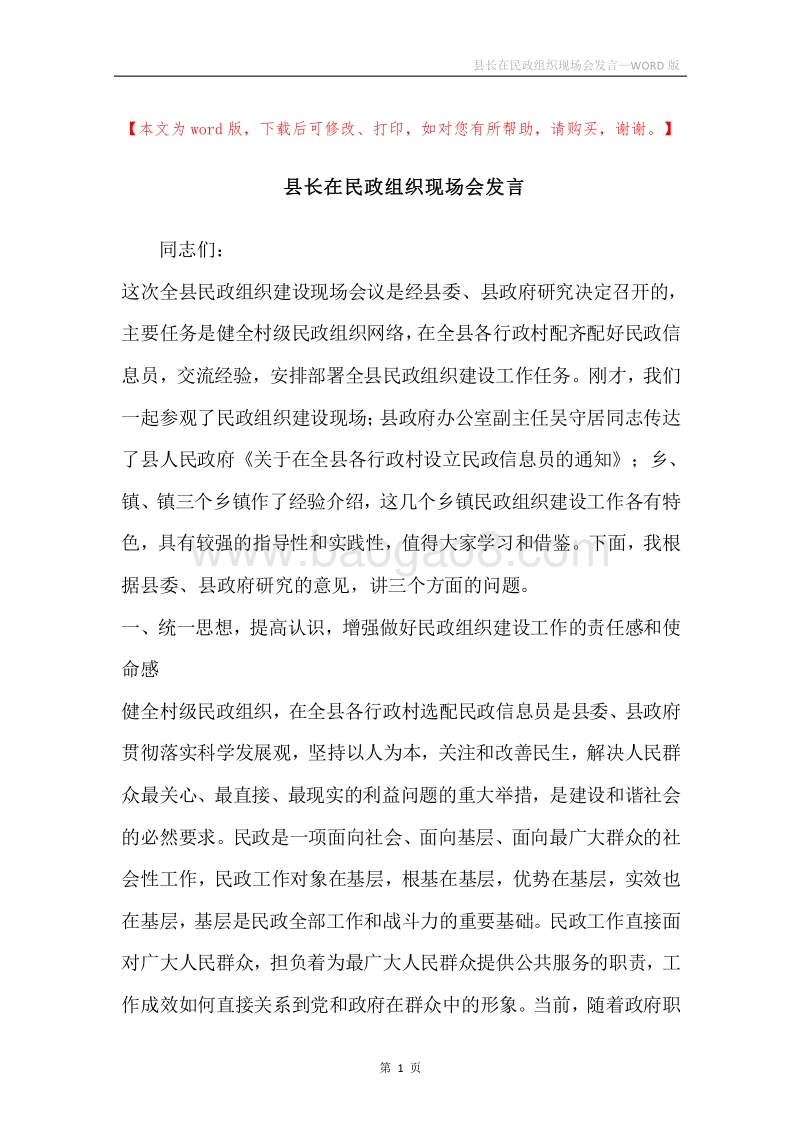 县长在民政组织现场会发言.docx_第1页