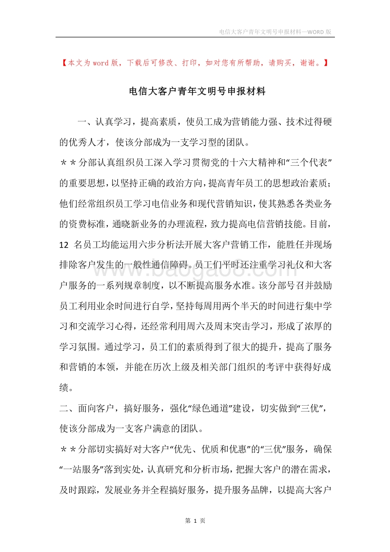 电信大客户青年文明号申报材料.docx_第1页