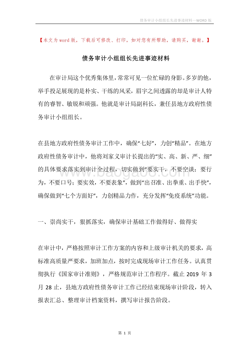 债务审计小组组长先进事迹材料.docx_第1页