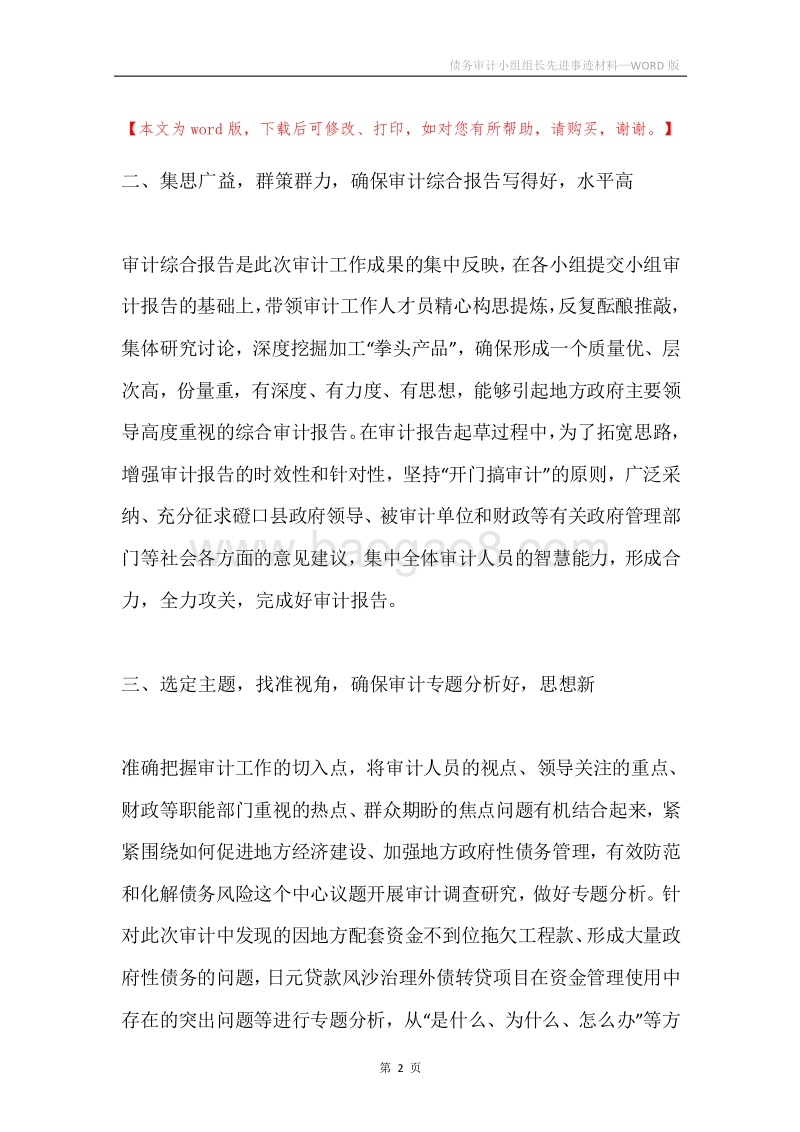 债务审计小组组长先进事迹材料.docx_第2页