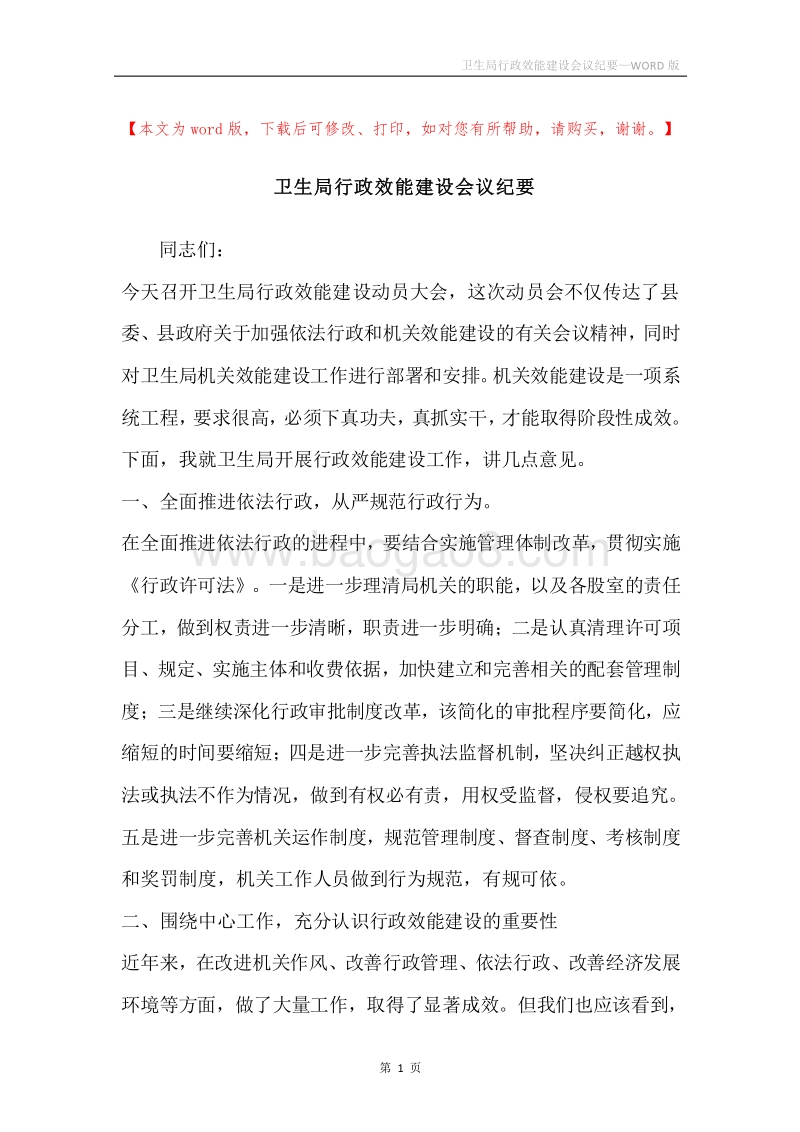 卫生局行政效能建设会议纪要.docx_第1页