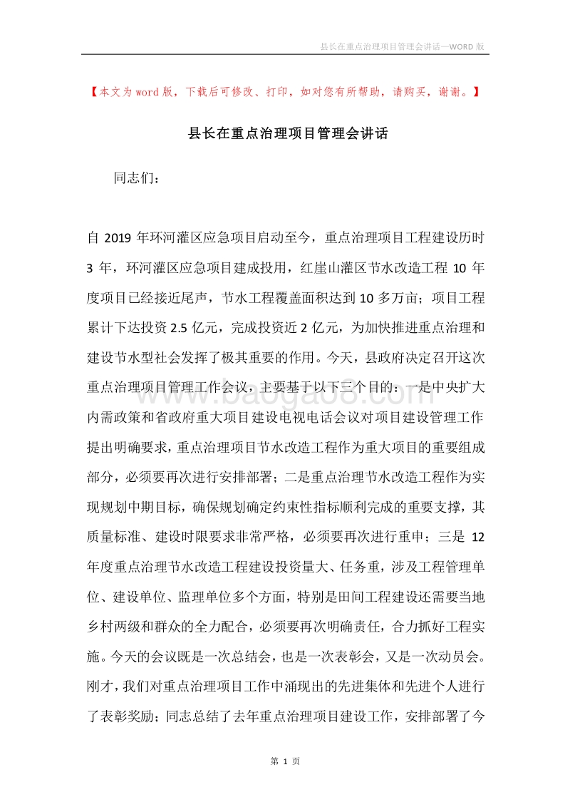 县长在重点治理项目管理会讲话.docx_第1页