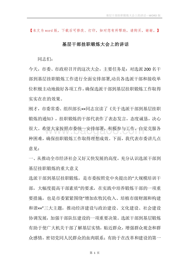 基层干部挂职锻炼大会上的讲话.docx_第1页