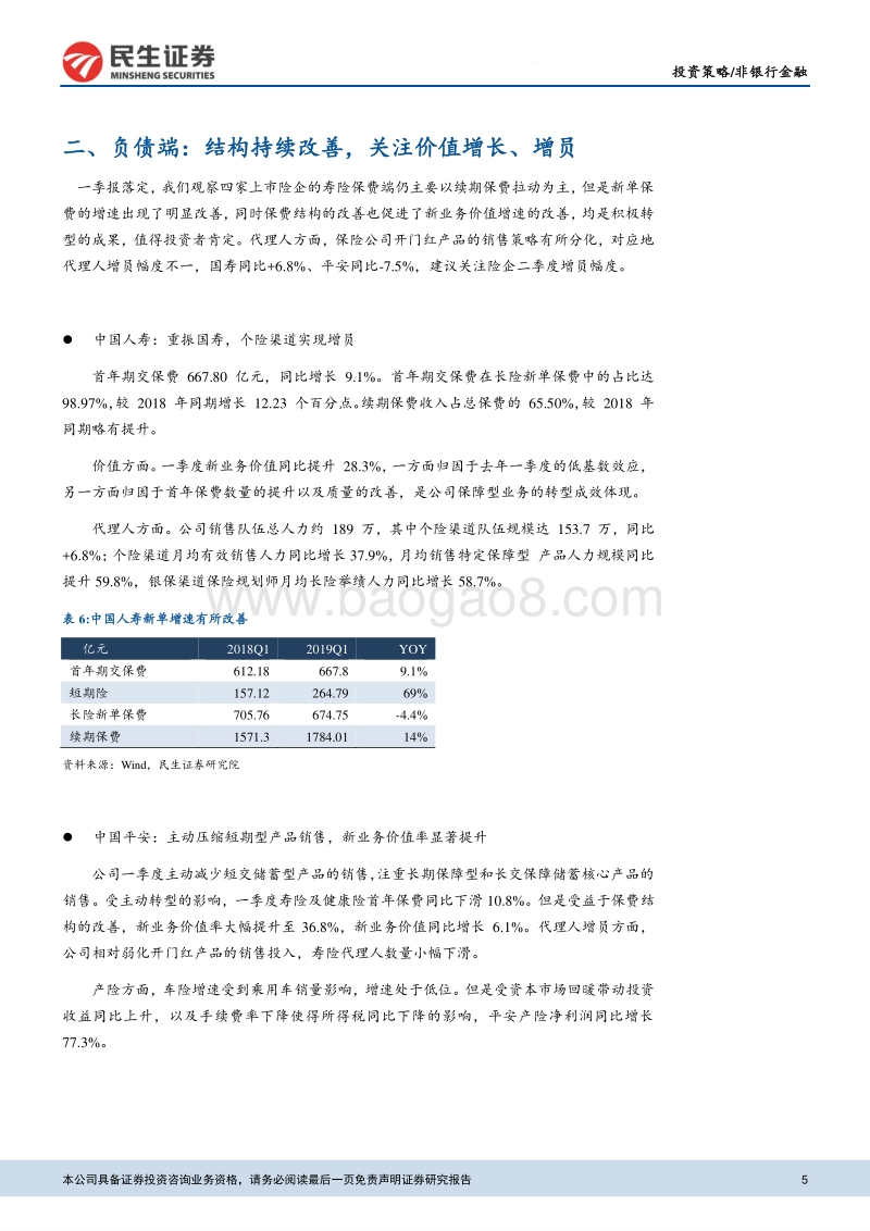 保险行业2019一季报综述：负债端结构改善，投资端推动业绩.pdf_第5页