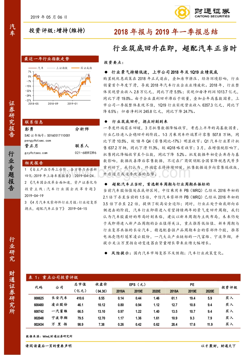 汽车2018年报与2019年一季报总结.pdf_第1页